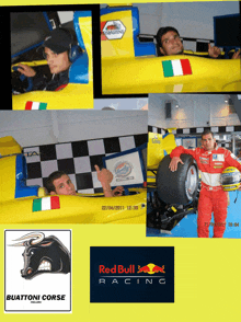 a poster for red bull racing shows a man in a yellow race car