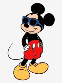 a cartoon of mickey mouse wearing sunglasses and yellow shoes