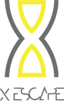 a logo for a company called x escape with a yellow and gray hourglass