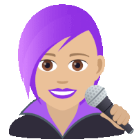 a woman with purple hair is holding a microphone in her hand