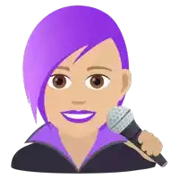 a woman with purple hair is holding a microphone in her hand