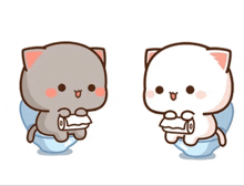 two cartoon cats are sitting on a toilet and holding rolls of toilet paper .