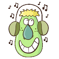 a cartoon drawing of a green monster wearing headphones and listening to music