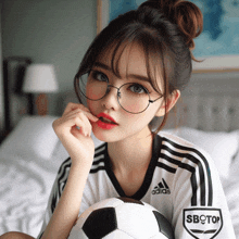 a girl wearing glasses and a adidas shirt holds a soccer ball