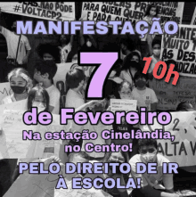 a collage of people holding signs that says manifestacao 7 10h de fevereiro na estacao cinelandia no centro