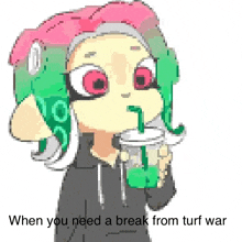 a pixel art drawing of a squid girl drinking a green drink through a straw .