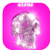 a skull is on a pink background with the word alone written above it