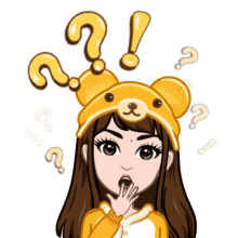 a girl wearing a teddy bear hat with question marks around her head .