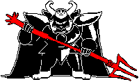 a pixel art of a devil holding a trident and a sword .