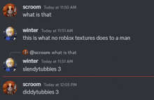 a screenshot of a discord conversation between scroom and diddytubbies