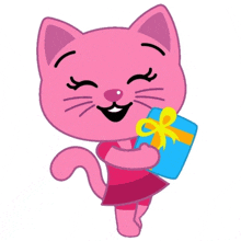 a pink cartoon cat is holding a blue gift box with a yellow bow