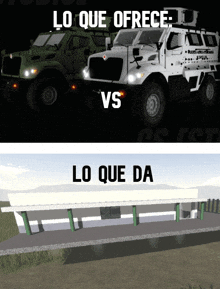 a picture of a military vehicle with the words lo que ofrece vs lo que da below it