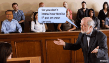 a group of people sitting in a courtroom with a speech bubble that says so you don t know