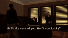 a screenshot of a video game shows a man talking to a man sitting at a desk