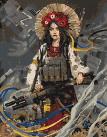 a painting of a woman holding a gun and wearing a straw hat