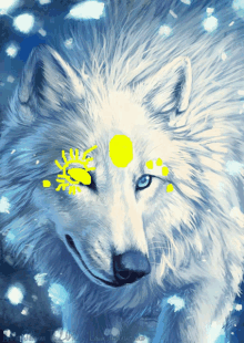 a painting of a white wolf with blue eyes