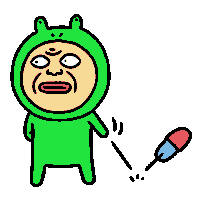 a cartoon character in a green frog costume is holding a needle