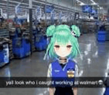 a girl with green hair is wearing a blue vest and standing in a store .