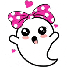 a cartoon ghost with a pink bow and hearts around it .