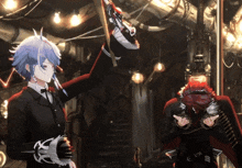 a man in a suit holds up a sword while another man holds up a sword