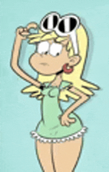 a cartoon character from the loud house is wearing sunglasses and a green dress .