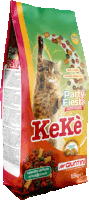 a bag of party fiesta keke cat food with a cat on it