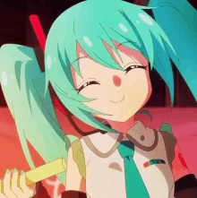 hatsune miku is a very cute anime girl with blue hair and a yellow stick in her hand .