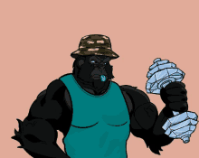 a gorilla wearing a bucket hat and a blue tank top holds a dumbbell