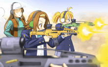 a group of girls are holding guns in a cartoon drawing