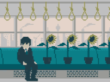 a pixel art of a man in a suit and tie standing in front of sunflowers