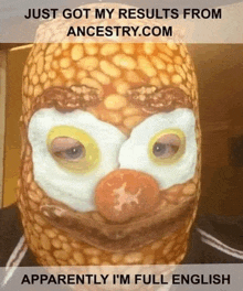 a picture of a face made out of beans and eggs with the words just got my results from ancestry.com