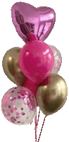 a bunch of pink and gold balloons with a pink heart shaped balloon in the middle