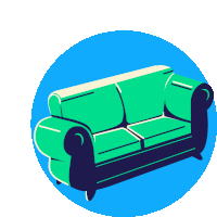 a green couch is in a blue circle