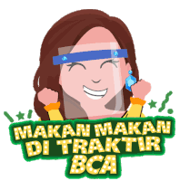 a cartoon of a woman wearing a face shield with the words makan makan di traktir bca