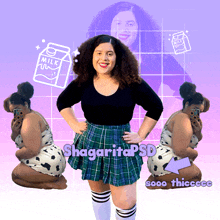 a woman in a plaid skirt is standing in front of a purple background that says shagaritapsd