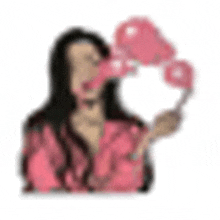 a woman in a pink jacket is blowing bubble gum while holding a heart shaped balloon .