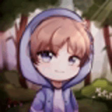 a cartoon boy wearing a purple hoodie is standing in the woods .