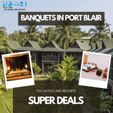 an advertisement for banquet in port blair shows a picture of a hotel and a picture of a bedroom