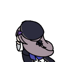 a cartoon drawing of a person wearing a hat with a purple flower on it