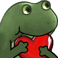 a green frog holding a red heart in its hands