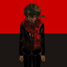 a drawing of a man with green hair and a red scarf