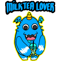 a blue monster is holding a milk tea lover cup