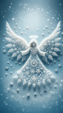 an angel made of snowflakes is surrounded by snowflakes on a blue background