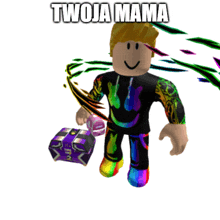 a roblox character is holding a purple box with the words twoja mama on the bottom