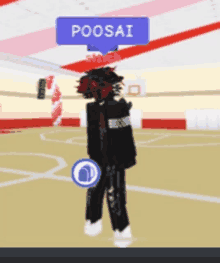 a person standing on a court with a poosai sign above them