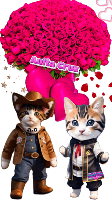 a couple of cats standing next to a bouquet of pink roses with anita cruz written on the top