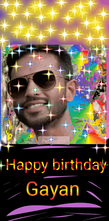 a happy birthday greeting card with a picture of a man and the name gyan