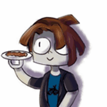 a cartoon boy is holding a plate of food in his hand