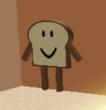 a slice of bread with a face and legs is standing on a pile of rice .