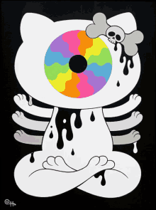 a drawing of hello kitty with a colorful eye and a skull